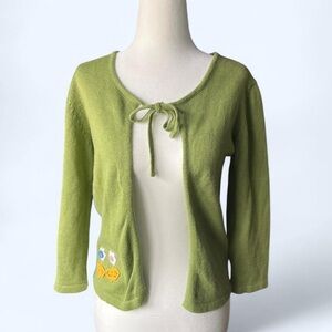 Veeko Womens Whimsical Cute Green Knitted Crochet Flower Cardigan Small